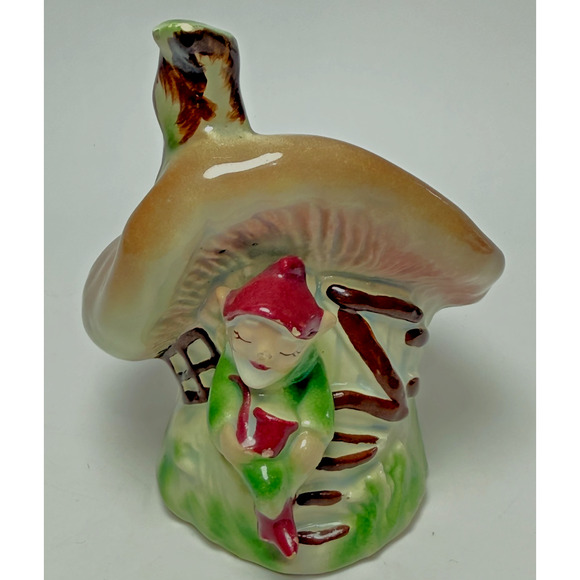 Unbranded Other - Vintage Pixie Elf Pipe Sitting Under Mushroom House Pottery Planter MCM Kitsch